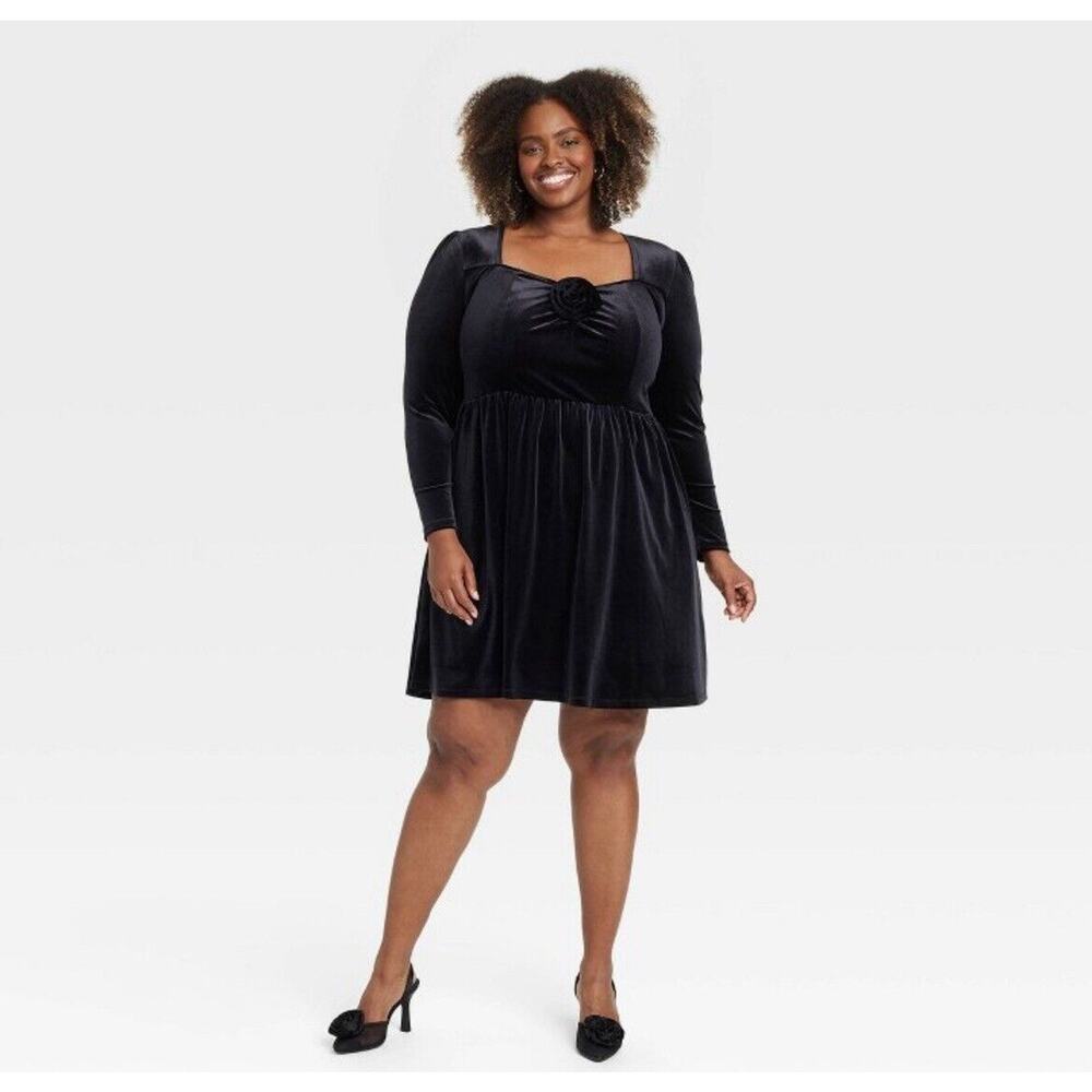 Ava & Viv Women's Long Sleeve Rosette Midi A-Line Dress -Black 3X NWT